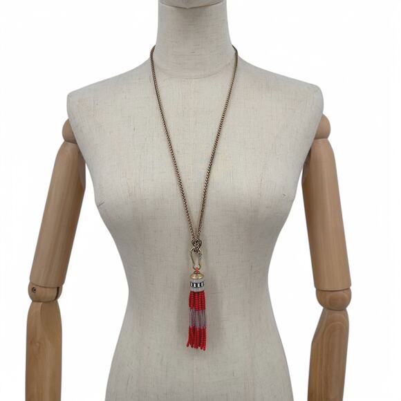 Stella and Dot Retired Brio Necklace Coral Red Beaded Tassel Fancy Chain - Picture 3 of 8